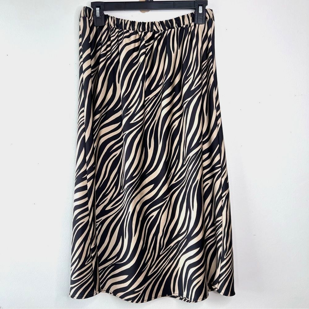J. Crew Black and Tan Zebra A-Line Skirt silky stretch waist sz S Lagenlook Chic - Picture 2 of 7